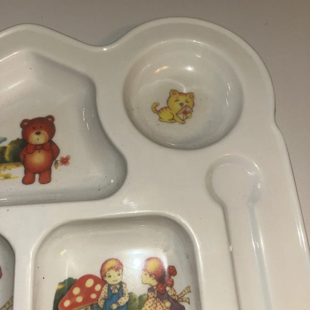 Vintage Melamine Kids Divided Tray Plate Storybook Mushroom Bear Cat Spoon